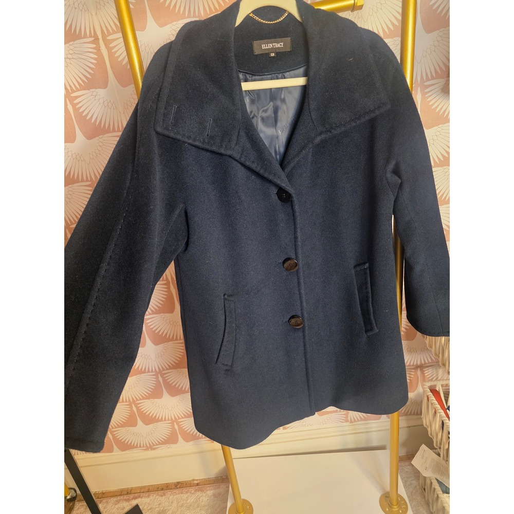Ellen Tracy Navy Blue Wool Angora Blend Pea Coat Jacket 12P Petite Minimalist